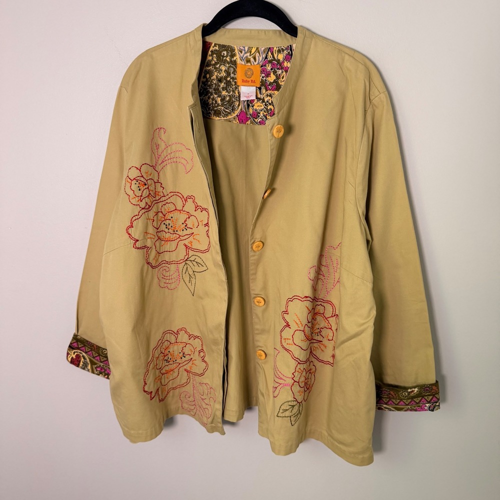 Ruby Rd Boho Floral Embroidered Artsy Cotton Twill Jacket (18) Paisley Cottage - Picture 15 of 16